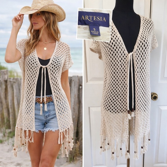 artesia Sweaters - Artesia Cream Crochet Fringe small boho knit beach coverup cardigan festival